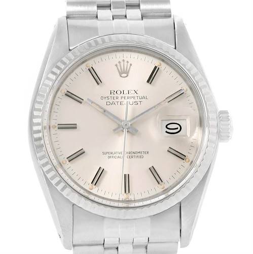 The image shows a close-up front view of the Rolex Vintage Collection 16014 Men's Stainless Steel Silver Dial 16014 Men's Stainless Steel Silver Dial Oyster Perpetual Datejust watch face and band.