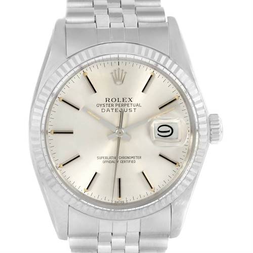 The image shows a front view of a Rolex Oyster Perpetual Datejust from the Vintage Collection, featuring its dial, bezel, and bracelet.