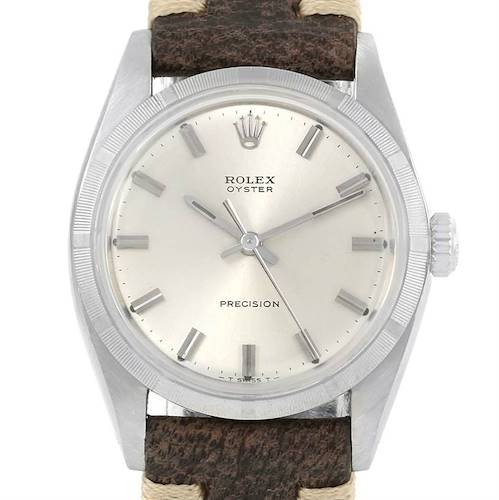 The image shows a front view of a Rolex Vintage Collection 6427 Men's Stainless Steel Silver Dial 6427 Men's Stainless Steel Silver Dial watch, showcasing its dial, crown, bezel, and leather strap.