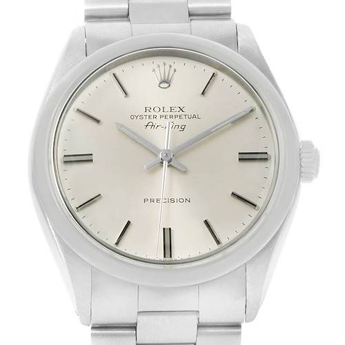 This image shows a front view of the Rolex Vintage Collection 5500 Men's Stainless Steel Silver Dial 5500 Men's Stainless Steel Silver Dial Oyster Perpetual Air-King watch face and part of the bracelet.