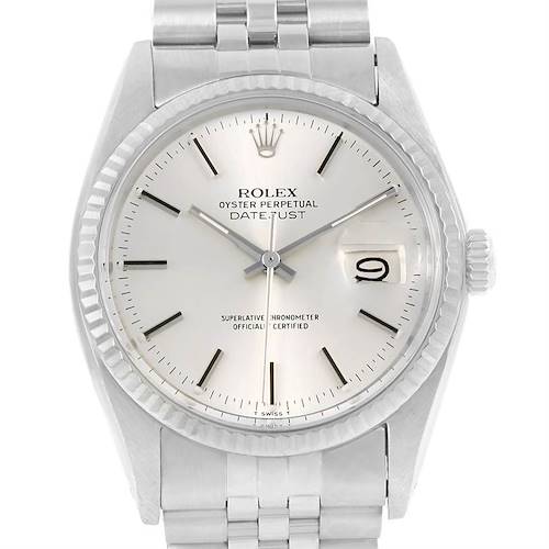 This image shows a front view of the Rolex Oyster Perpetual Datejust Vintage Collection, displaying its dial, bezel, and bracelet.