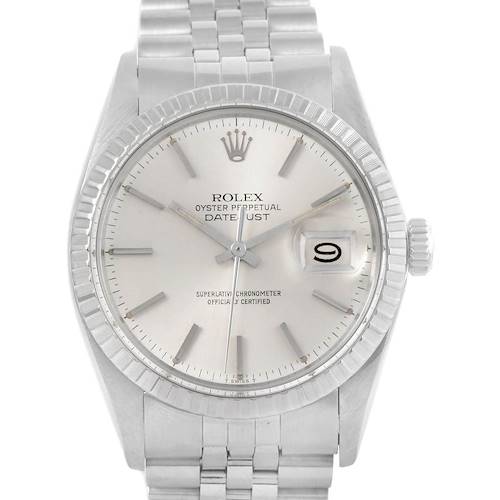 This is a frontal view of the Rolex Vintage Collection 16030 Men's Stainless Steel Silver Dial 16030 Men's Stainless Steel Silver Dial Datejust model, showing the dial, hands, bezel, and bracelet.