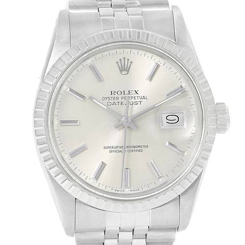 The image shows a front-facing view of a Rolex Vintage Collection 16000 Men's Stainless Steel Silver Dial 16000 Men's Stainless Steel Silver Dial Datejust watch with a metal bracelet and visible date window at 3 o'clock.