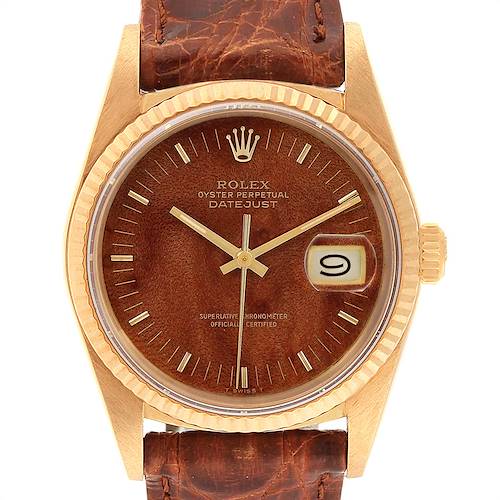 The image shows a Rolex Vintage Collection 16018 Men's Yellow Gold Brown Dial 16018 Men's Yellow Gold Brown Dial Datejust watch, displaying the brown dial, gold case, crown, and leather strap.