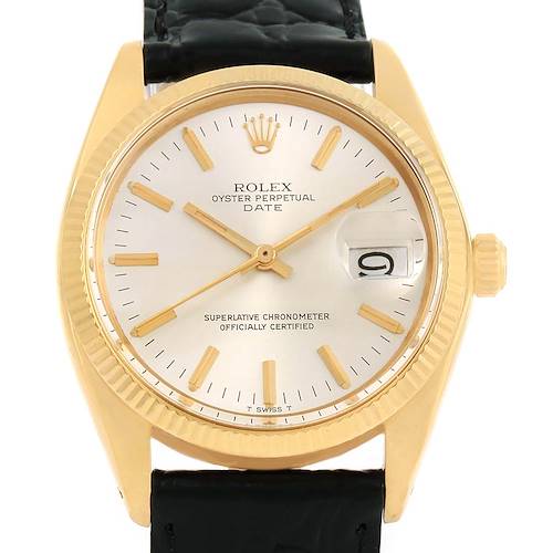 The image shows a front view of a Vintage Collection Rolex Oyster Perpetual Date watch, highlighting the dial, case, and crown.
