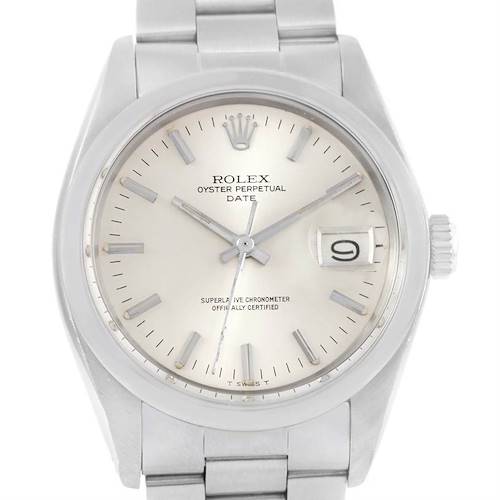 The image shows a front view of a Rolex Vintage Collection 1500 Men's Stainless Steel Silver Dial 1500 Men's Stainless Steel Silver Dial Oyster Perpetual Date watch, displaying its dial, hands, date window, and bracelet.