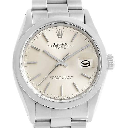 The image shows a front view of the Rolex Vintage Collection 1500 Men's Stainless Steel Silver Dial 1500 Men's Stainless Steel Silver Dial Oyster Perpetual Date watch, displaying the dial, hands, and date window.