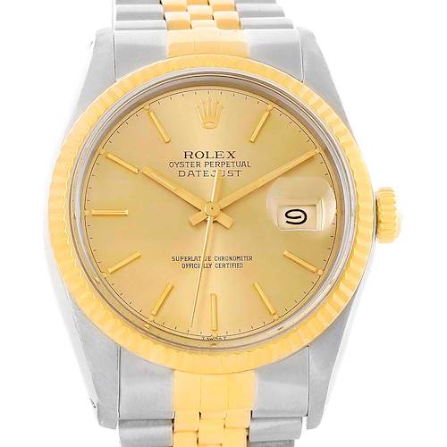 The image shows a front view of a Rolex Vintage Collection 16013 Men's Stainless Steel Champagne Dial 16013 Men's Stainless Steel Champagne Dial Oyster Perpetual Datejust watch, displaying its dial, hands, and bracelet.