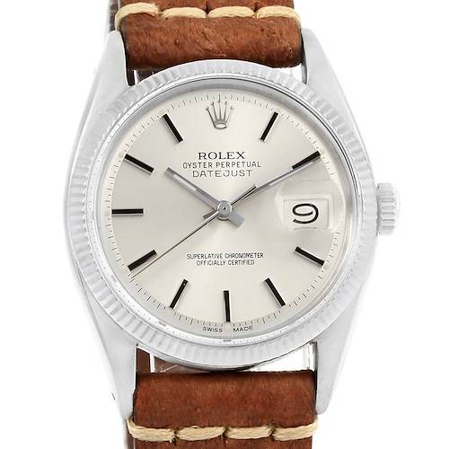 The Rolex Vintage Collection 16014 Men's Stainless Steel Silver Dial 16014 Men's Stainless Steel Silver Dial model watch is shown from a front angle, highlighting the dial, bezel, and part of the brown leather strap.