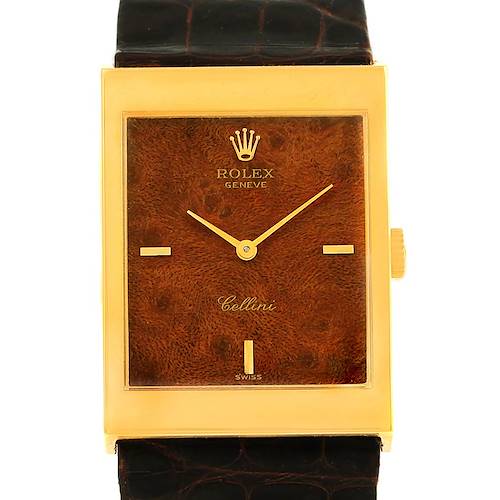 This image shows a frontal view of a Rolex Vintage Collection 5071 Men's Yellow Gold Brown Dial 5071 Men's Yellow Gold Brown Dial watch, highlighting the face, hands, and part of the strap.