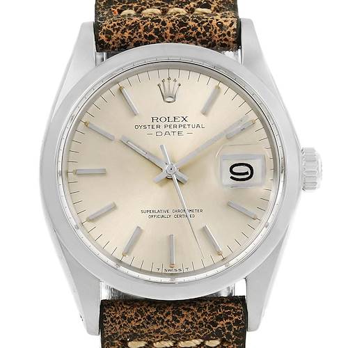 The image shows a close-up front view of the Rolex Vintage Collection 1500 Men's Stainless Steel Silver Dial 1500 Men's Stainless Steel Silver Dial Oyster Perpetual Date watch, featuring the dial, hands, and crown.