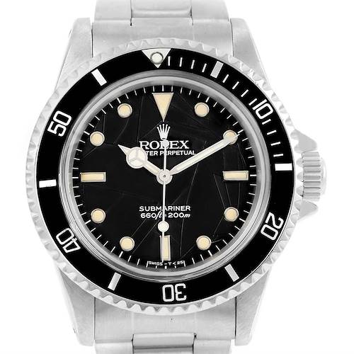 The image shows a front view of the Rolex Vintage Collection 5513 Men's Stainless Steel Black Dial 5513 Men's Stainless Steel Black Dial Submariner watch, highlighting its black dial, bezel, and stainless steel bracelet.
