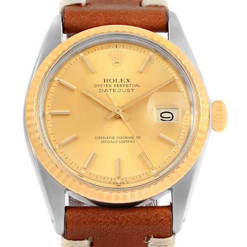 This image shows a front view of the Rolex Vintage Collection 1601 Men's Steel and Gold (two tone) Champagne Dial 1601 Men's Steel and Gold (two tone) Champagne Dial Datejust watch, including the dial, bezel, case, crown, and leather strap.