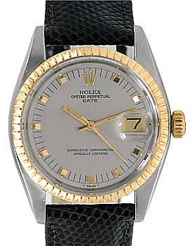 The image shows a front view of a Rolex Vintage Collection 1505 Men's Stainless Steel Silver Dial 1505 Men's Stainless Steel Silver Dial watch, displaying the dial, bezel, hands, crown, and leather strap.