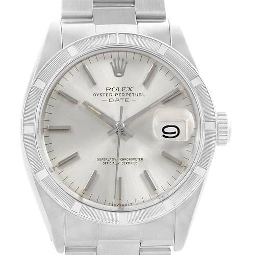This image shows a front view of the Rolex Vintage Collection 1501 Men's Stainless Steel Silver Dial 1501 Men's Stainless Steel Silver Dial Oyster Perpetual Date watch, highlighting the dial, hands, date window, and bezel.