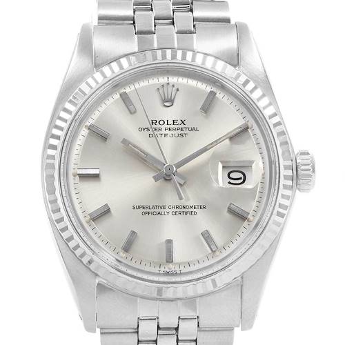 The image shows a front view of the Rolex Vintage Collection 1603 Men's Stainless Steel Silver Dial 1603 Men's Stainless Steel Silver Dial Datejust watch, highlighting its face, bezel, and part of the bracelet.