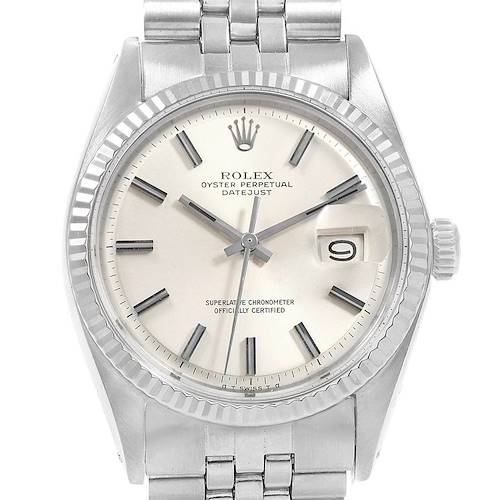 The image shows a frontal view of a Rolex Vintage Collection 1601 Men's Stainless Steel Silver Dial 1601 Men's Stainless Steel Silver Dial Oyster Perpetual Datejust watch, displaying the dial and bracelet.