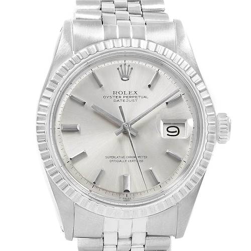 The image shows a front view of the Rolex Oyster Perpetual Datejust Vintage Collection watch, highlighting the dial, bezel, and bracelet.