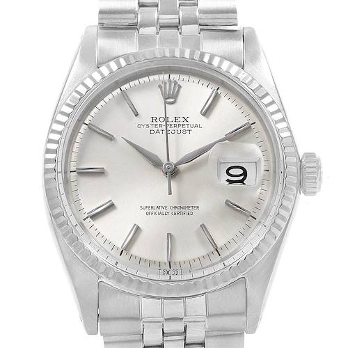 The image shows a frontal view of a Rolex Vintage Collection 1601 Men's Stainless Steel Silver Dial 1601 Men's Stainless Steel Silver Dial Datejust watch, highlighting the dial, hour markers, and date window.