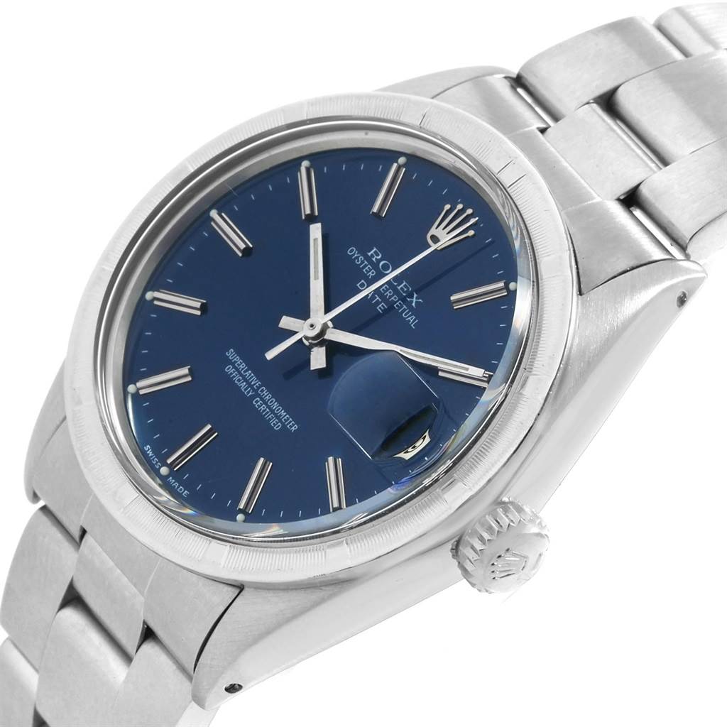 The image shows a Rolex Vintage Collection 1501 Men's Stainless Steel Blue Dial 1501 Men's Stainless Steel Blue Dial Oyster Perpetual Date watch at a slight angle, highlighting its dial, bezel, crown, and bracelet.