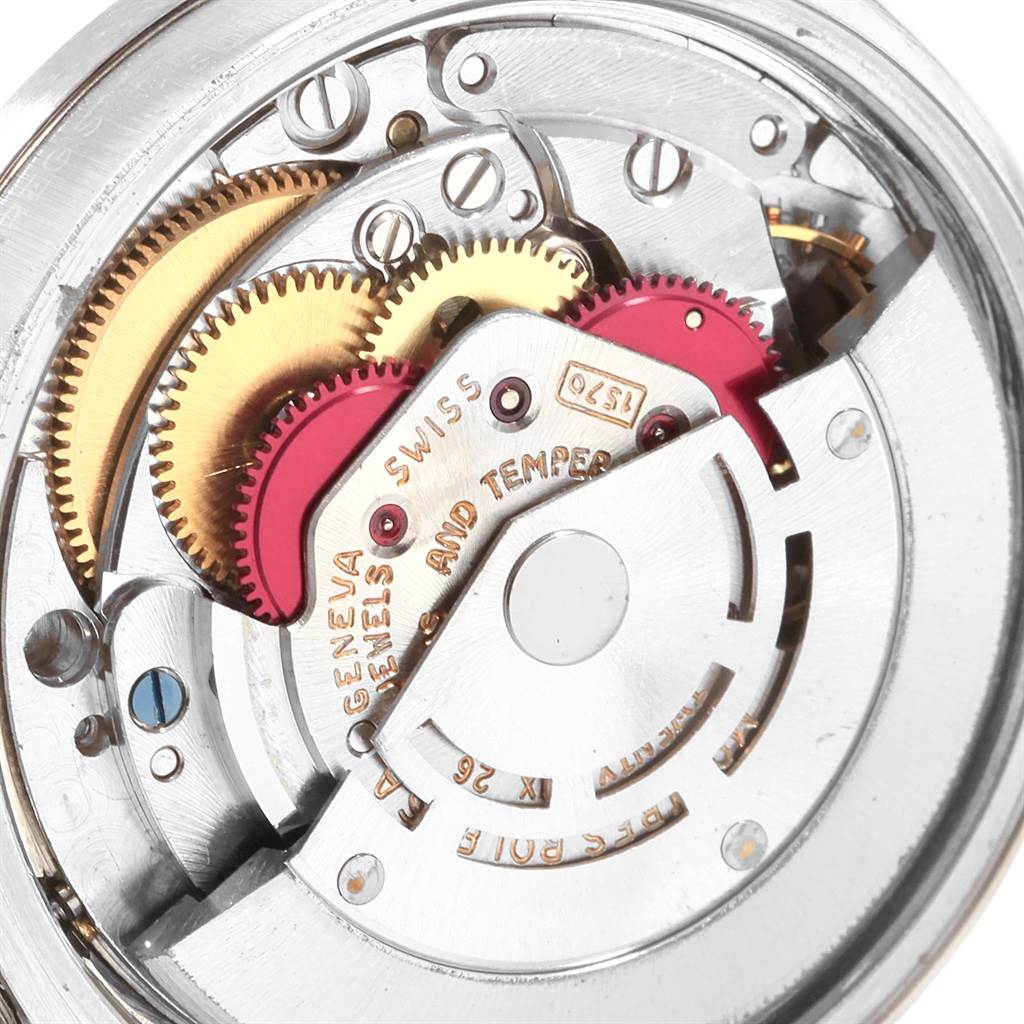 This image shows a close-up of the internal mechanism and gears of the Rolex Vintage Collection 1501 Men's Stainless Steel Blue Dial 1501 Men's Stainless Steel Blue Dial watch model.