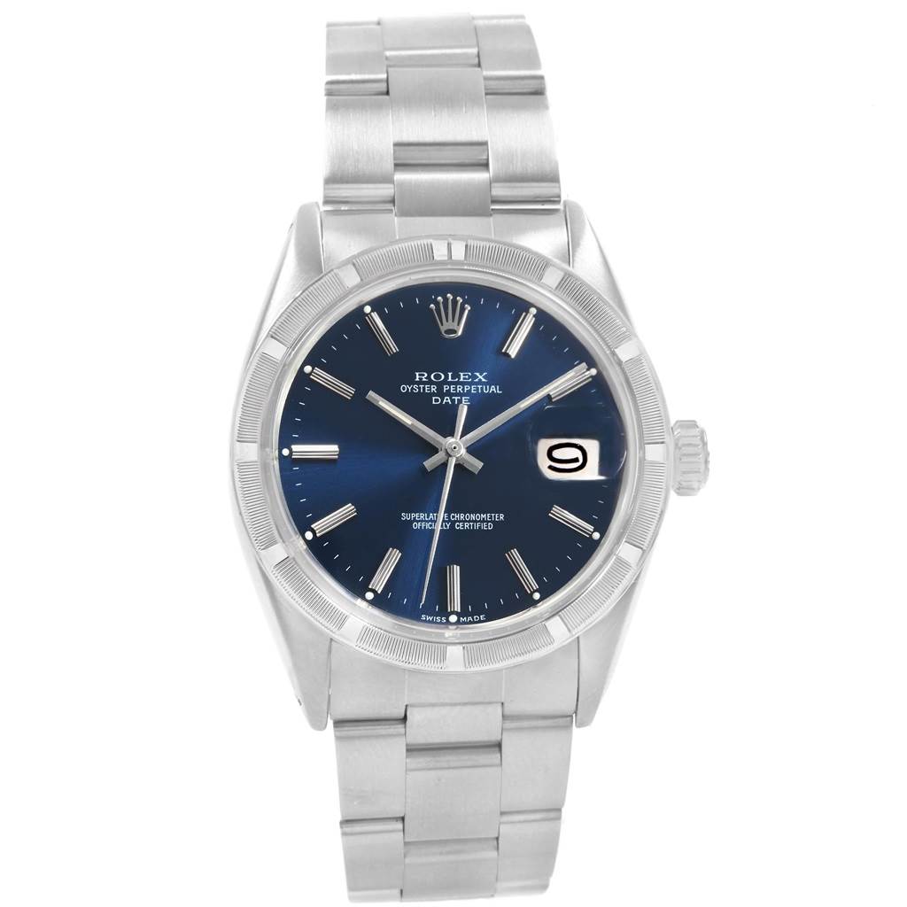 The image shows a front view of a Rolex Vintage Collection 1501 Men's Stainless Steel Blue Dial 1501 Men's Stainless Steel Blue Dial model, featuring its blue dial, stainless steel bracelet, and date window.