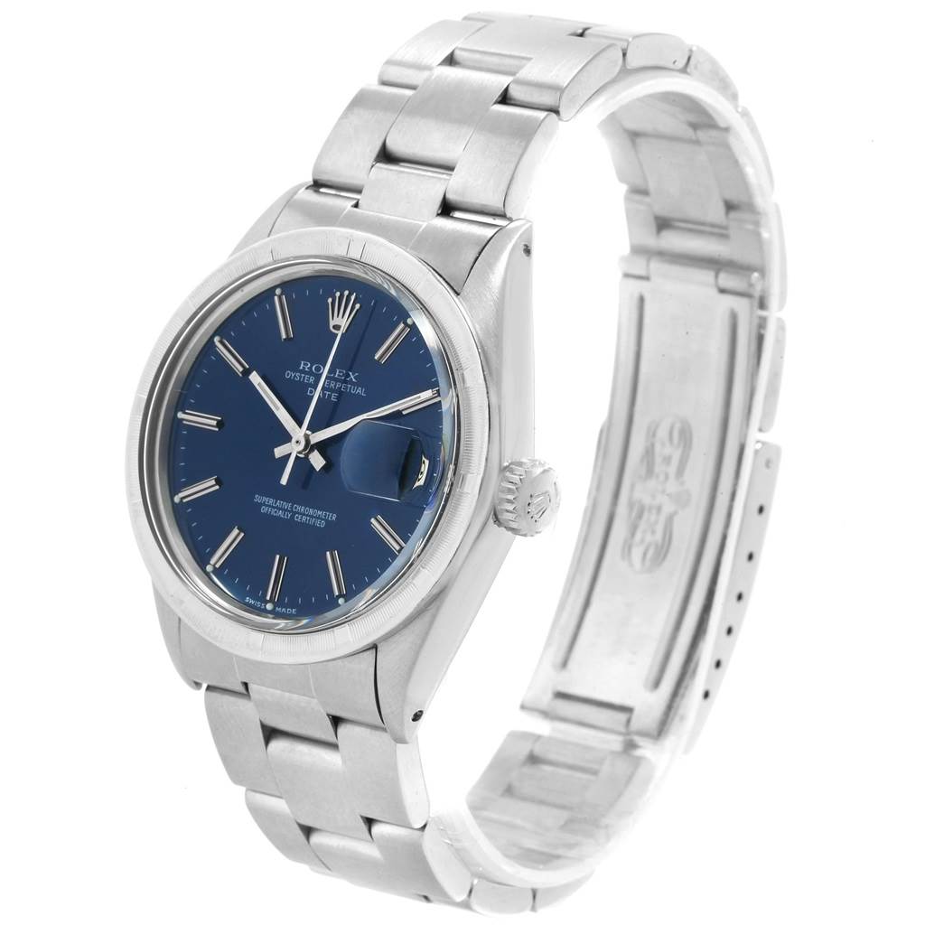 The image shows a Rolex Vintage Collection 1501 Men's Stainless Steel Blue Dial 1501 Men's Stainless Steel Blue Dial watch at an angle highlighting the face, crown, and part of the bracelet.