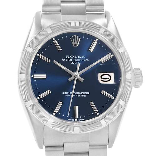 The image shows a frontal view of a Rolex Vintage Collection 1501 Men's Stainless Steel Blue Dial 1501 Men's Stainless Steel Blue Dial Oyster Perpetual Date watch, highlighting its blue dial and date window.