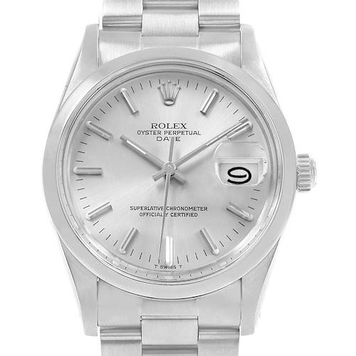 The image shows a front view of a Rolex Vintage Collection 15000 Men's Stainless Steel Silver Dial 15000 Men's Stainless Steel Silver Dial Oyster Perpetual Date watch, highlighting its dial, crown, bracelet, and date window.