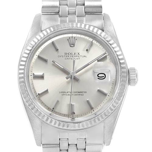 The image shows a frontal view of a Rolex Vintage Collection 1601 Men's Stainless Steel Silver Dial 1601 Men's Stainless Steel Silver Dial Oyster Perpetual Datejust watch, highlighting its dial, bezel, and bracelet.