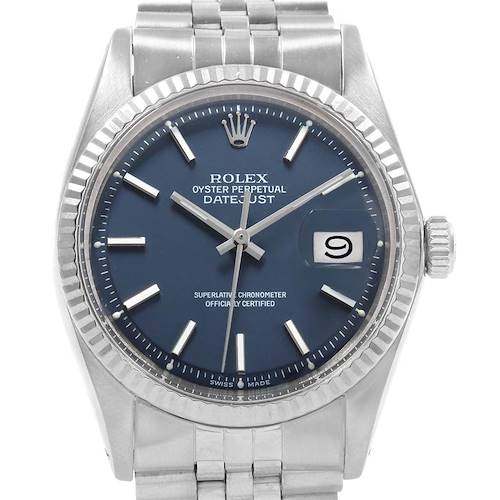 The Vintage Collection Rolex Datejust watch is shown from the front, displaying its dial, bezel, and bracelet.