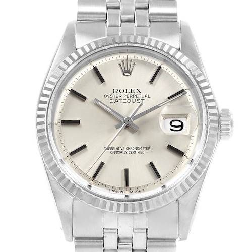 The Rolex Vintage Collection 1601 Men's Stainless Steel Silver Dial 1601 Men's Stainless Steel Silver Dial Datejust is shown from the front, highlighting the dial, bezel, bracelet, and date window.