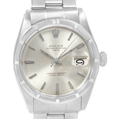 This image shows a frontal view of the Rolex Vintage Collection 1501 Men's Stainless Steel Silver Dial 1501 Men's Stainless Steel Silver Dial Oyster Perpetual Date watch, highlighting the dial, bezel, and bracelet.