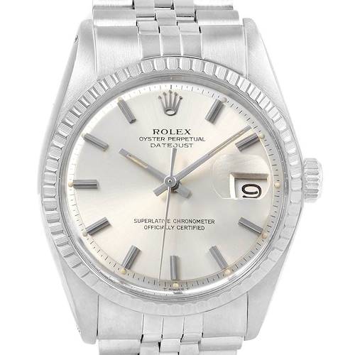 This Rolex Vintage Collection 1603 Men's Stainless Steel Silver Dial 1603 Men's Stainless Steel Silver Dial model watch is shown from a frontal angle, displaying its dial, hands, bezel, date window, crown, and bracelet.