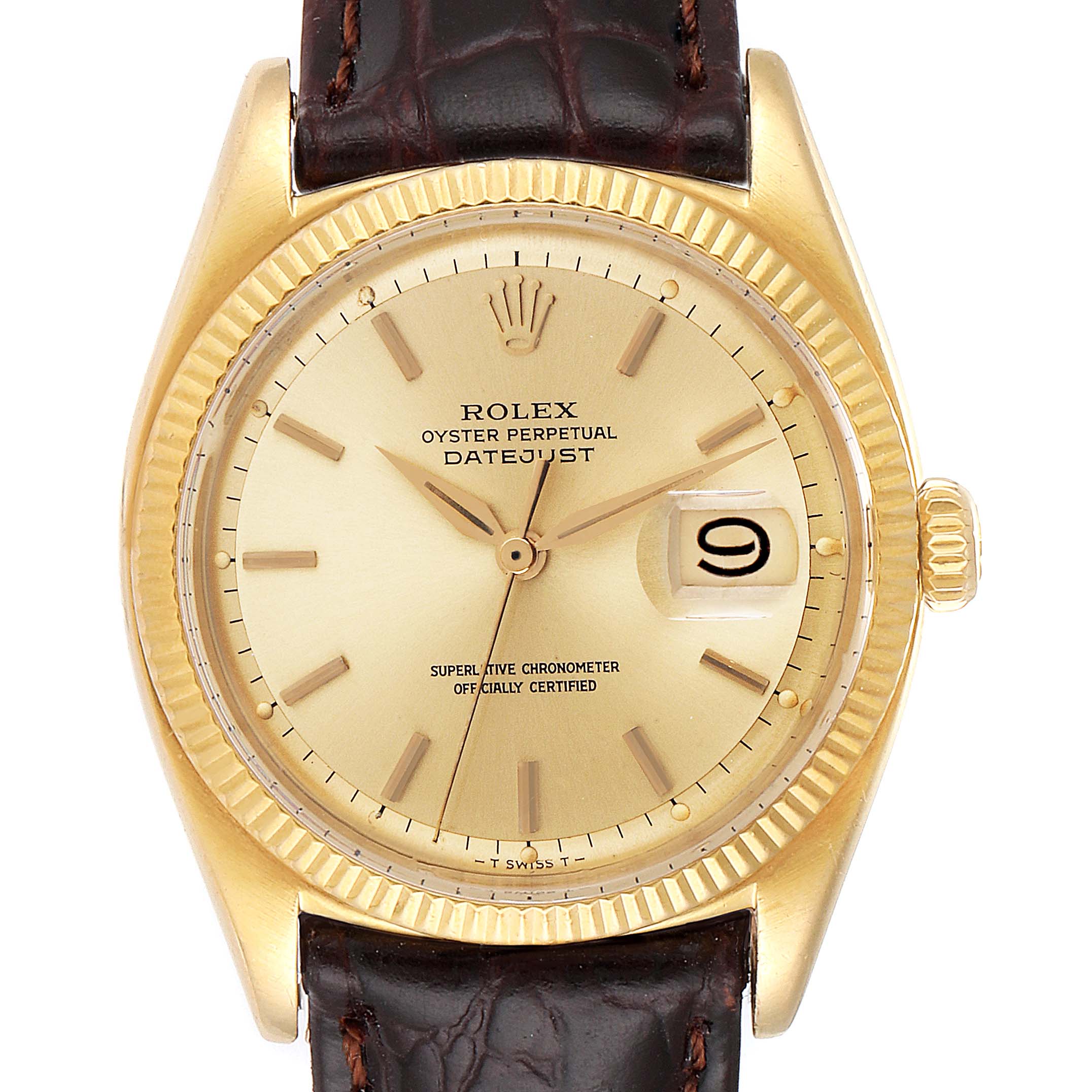 The image shows a Rolex Vintage Collection 6605 Men's Yellow Gold Champagne Dial 6605 Men's Yellow Gold Champagne Dial Datejust watch with a gold dial, brown leather strap, and magnified date window at 3 o'clock.