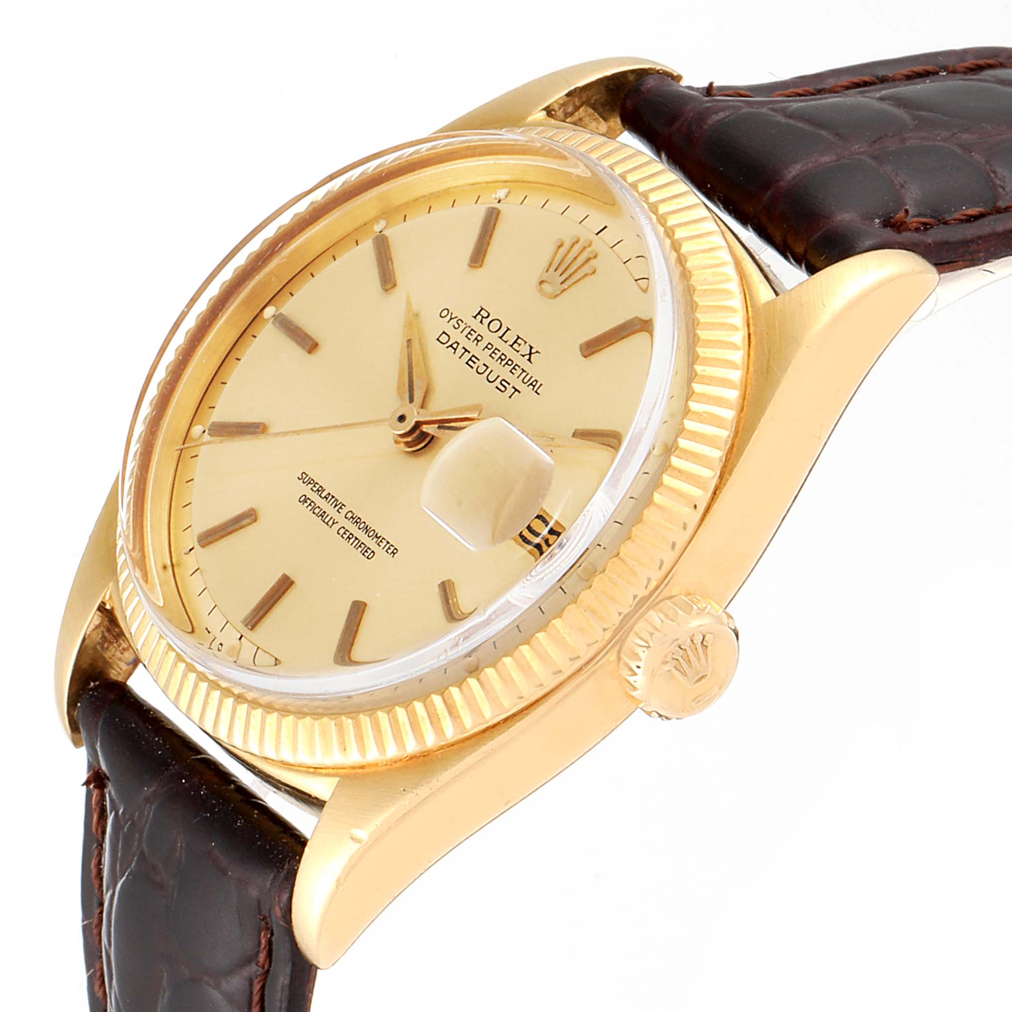This Rolex Vintage Collection 6605 Men's Yellow Gold Champagne Dial 6605 Men's Yellow Gold Champagne Dial model is shown at a side angle, highlighting its gold case, crown, dial, and brown leather strap.