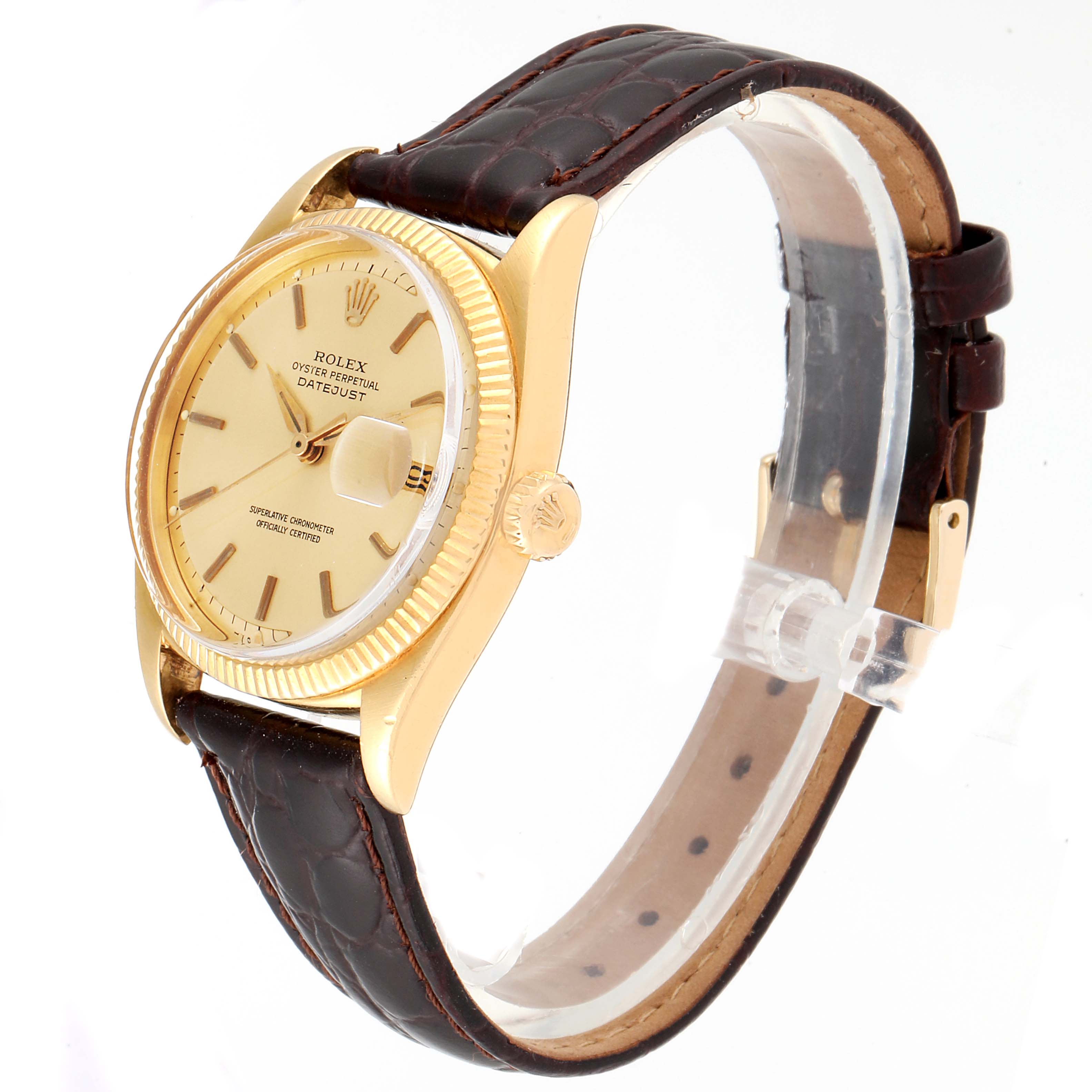 The image shows a Rolex Vintage Collection 6605 Men's Yellow Gold Champagne Dial 6605 Men's Yellow Gold Champagne Dial model watch from an angled side view highlighting the face, bezel, crown, and leather strap.