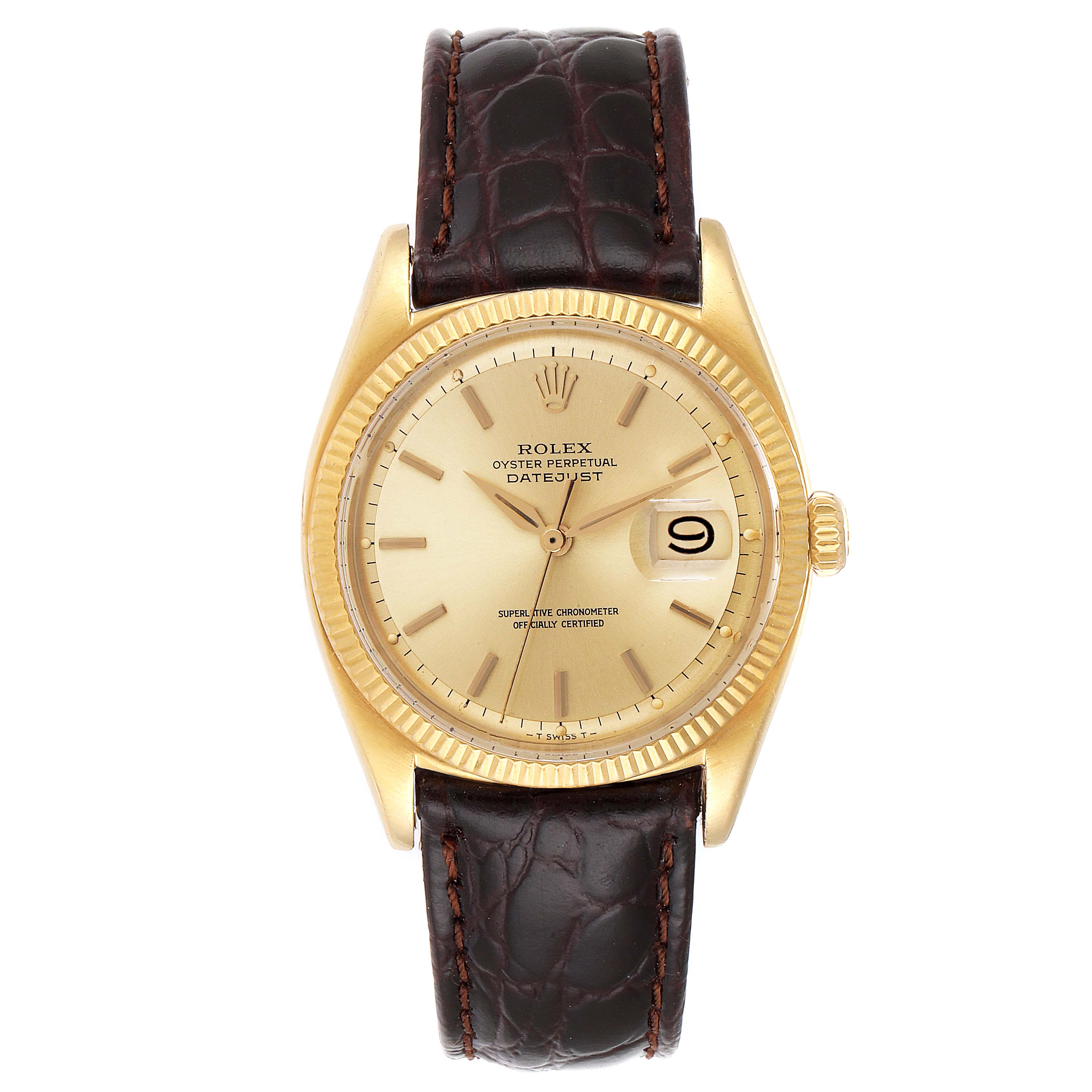 The Rolex Vintage Collection 6605 Men's Yellow Gold Champagne Dial 6605 Men's Yellow Gold Champagne Dial watch is shown from a front angle, highlighting its gold case, dial, and brown leather strap.