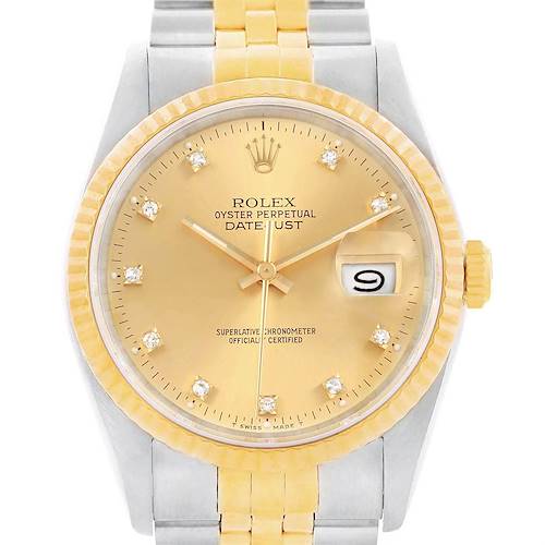 This is a front view of the Rolex Vintage Collection 16013 Men's Stainless Steel Champagne Dial 16013 Men's Stainless Steel Champagne Dial Datejust watch, showing the face, crown, and part of the bracelet.