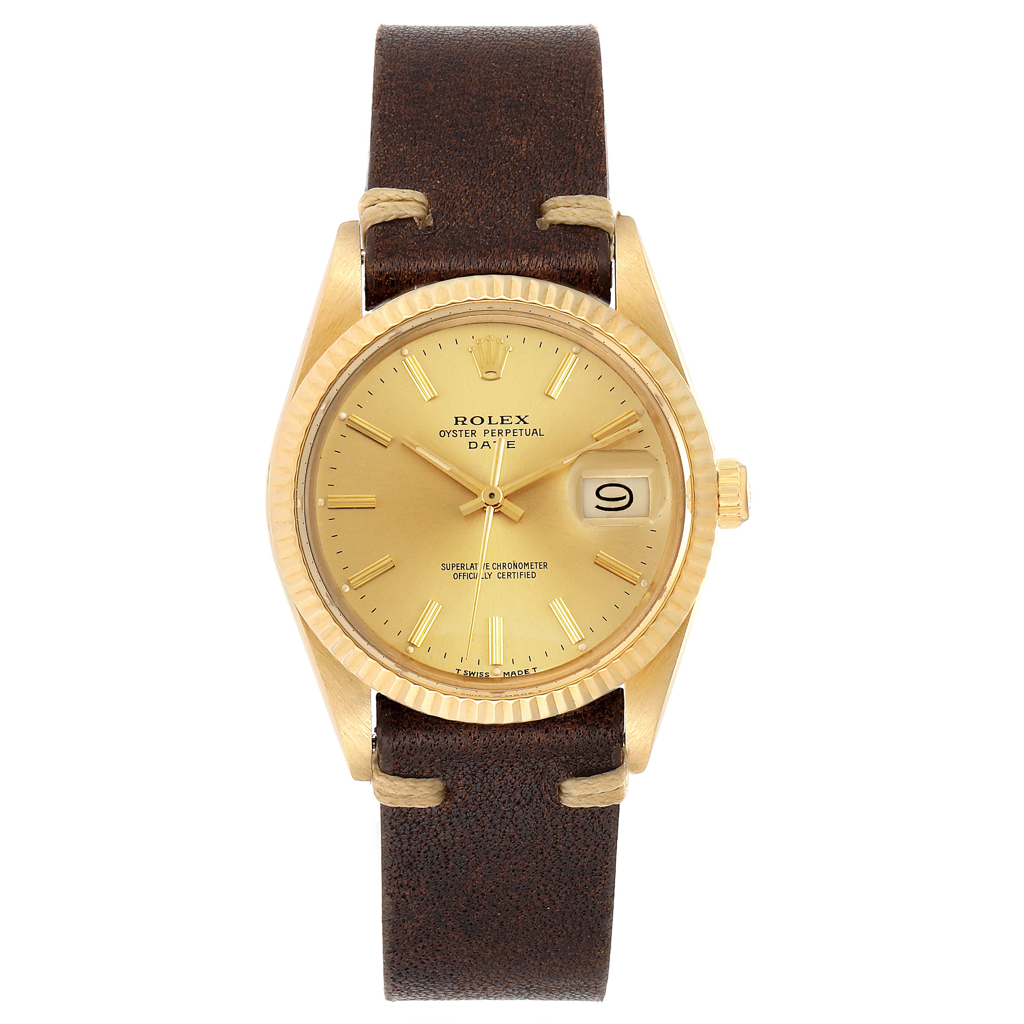 The image shows a front view of a Rolex Vintage Collection 15037 Men's Yellow Gold Champagne Dial 15037 Men's Yellow Gold Champagne Dial model, displaying the face, case, crown, and leather strap.