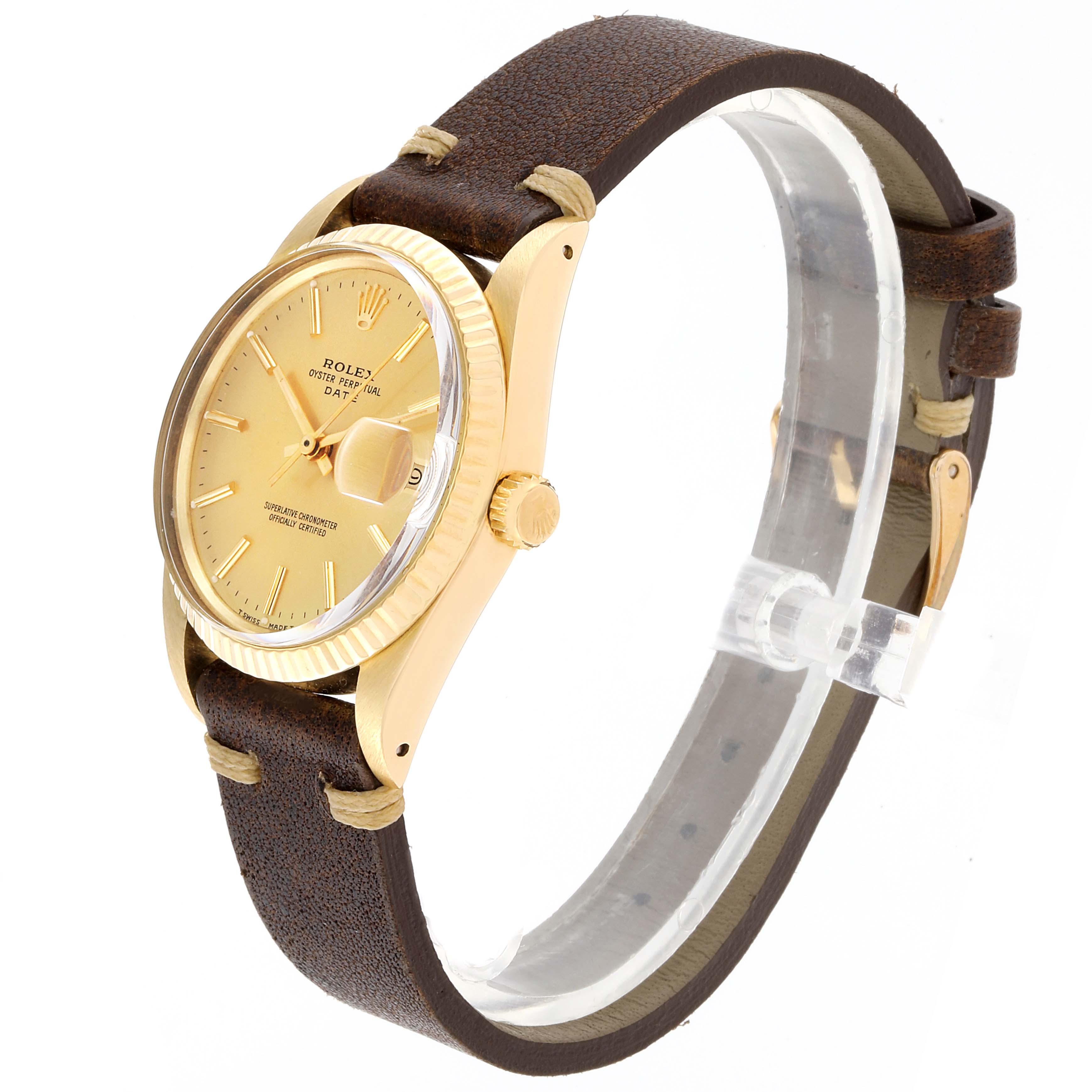 The Rolex Vintage Collection 15037 Men's Yellow Gold Champagne Dial 15037 Men's Yellow Gold Champagne Dial watch is shown from a three-quarter angle, highlighting the face, bezel, case, crown, and leather strap.