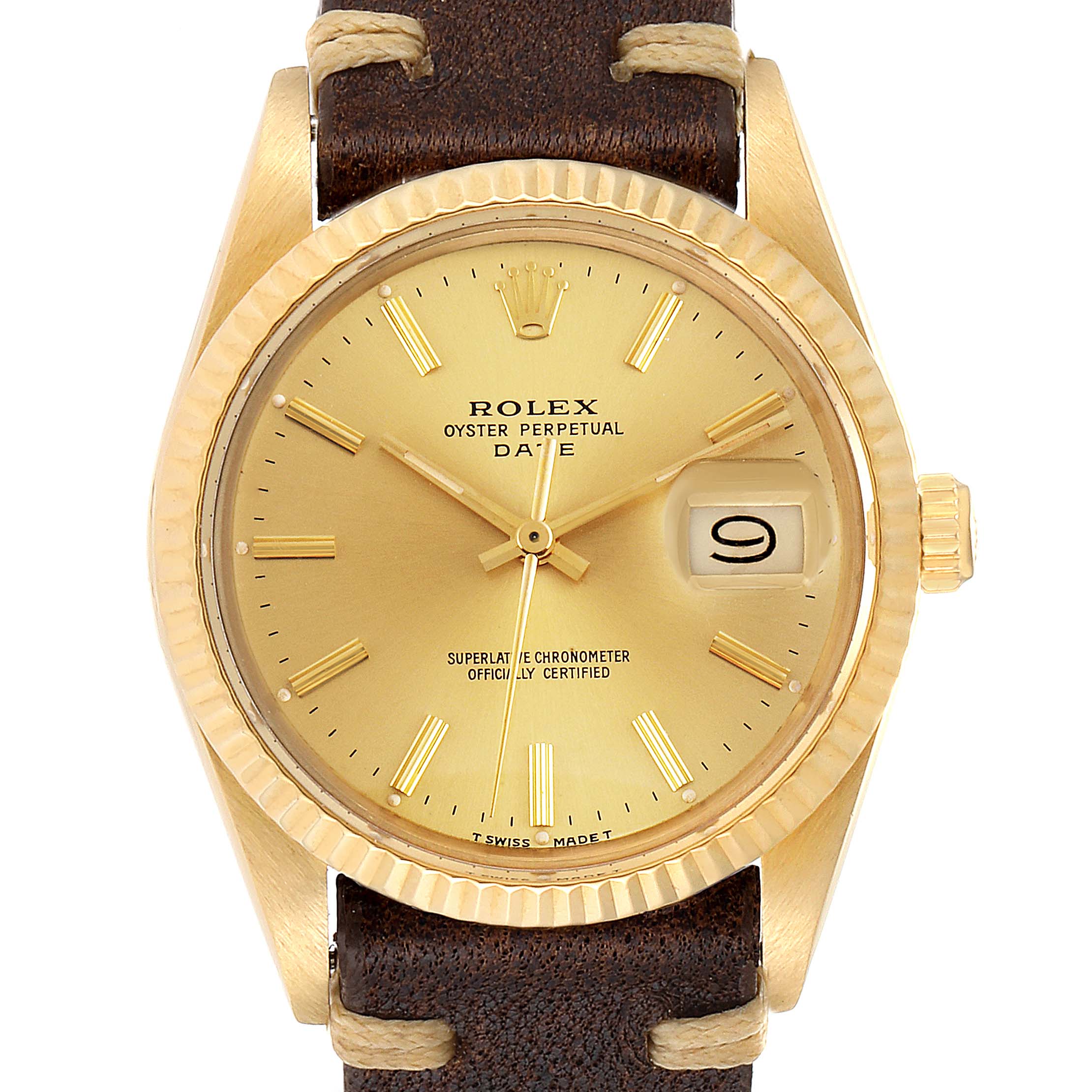 The image shows a frontal view of a gold Rolex Vintage Collection 15037 Men's Yellow Gold Champagne Dial 15037 Men's Yellow Gold Champagne Dial model watch with a brown leather strap.