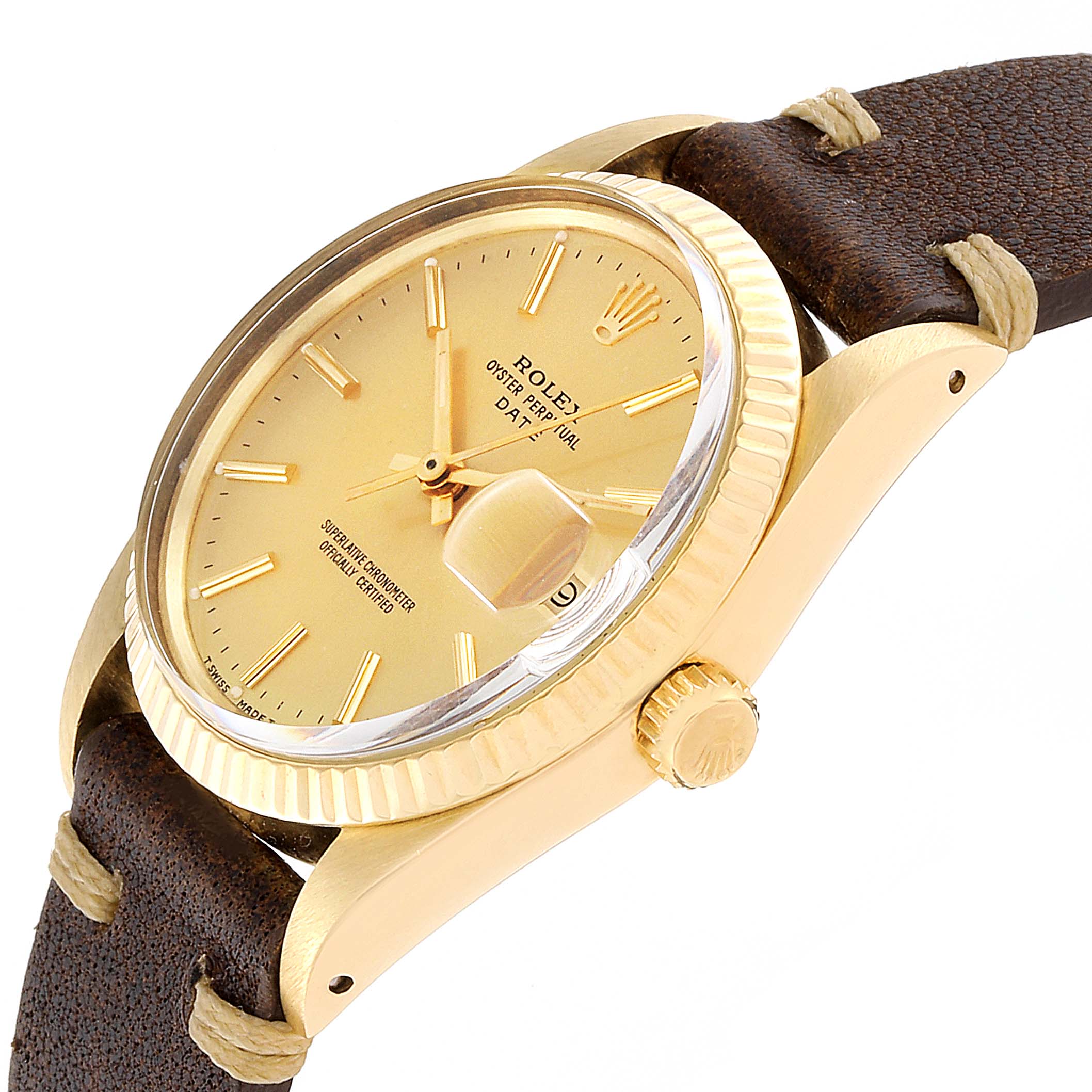 The Vintage Collection model by Rolex is shown from a side angle, displaying the dial, bezel, crown, and part of the leather strap.