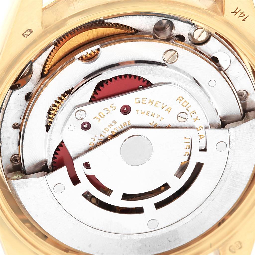 This image shows a close-up view of the movement mechanism in a Rolex Vintage Collection 15037 Men's Yellow Gold Champagne Dial 15037 Men's Yellow Gold Champagne Dial model watch.