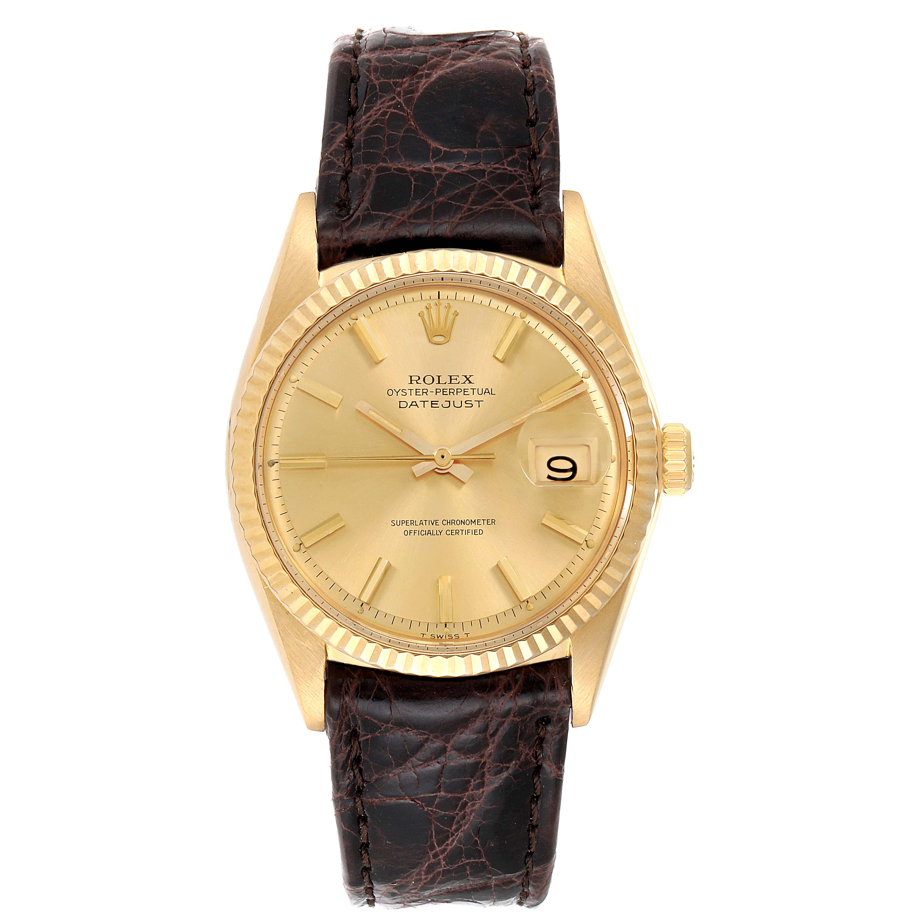 The image shows a frontal view of a Rolex Vintage Collection 1601 Men's Yellow Gold Champagne Dial 1601 Men's Yellow Gold Champagne Dial Oyster Perpetual Datejust watch, displaying its face and leather strap.