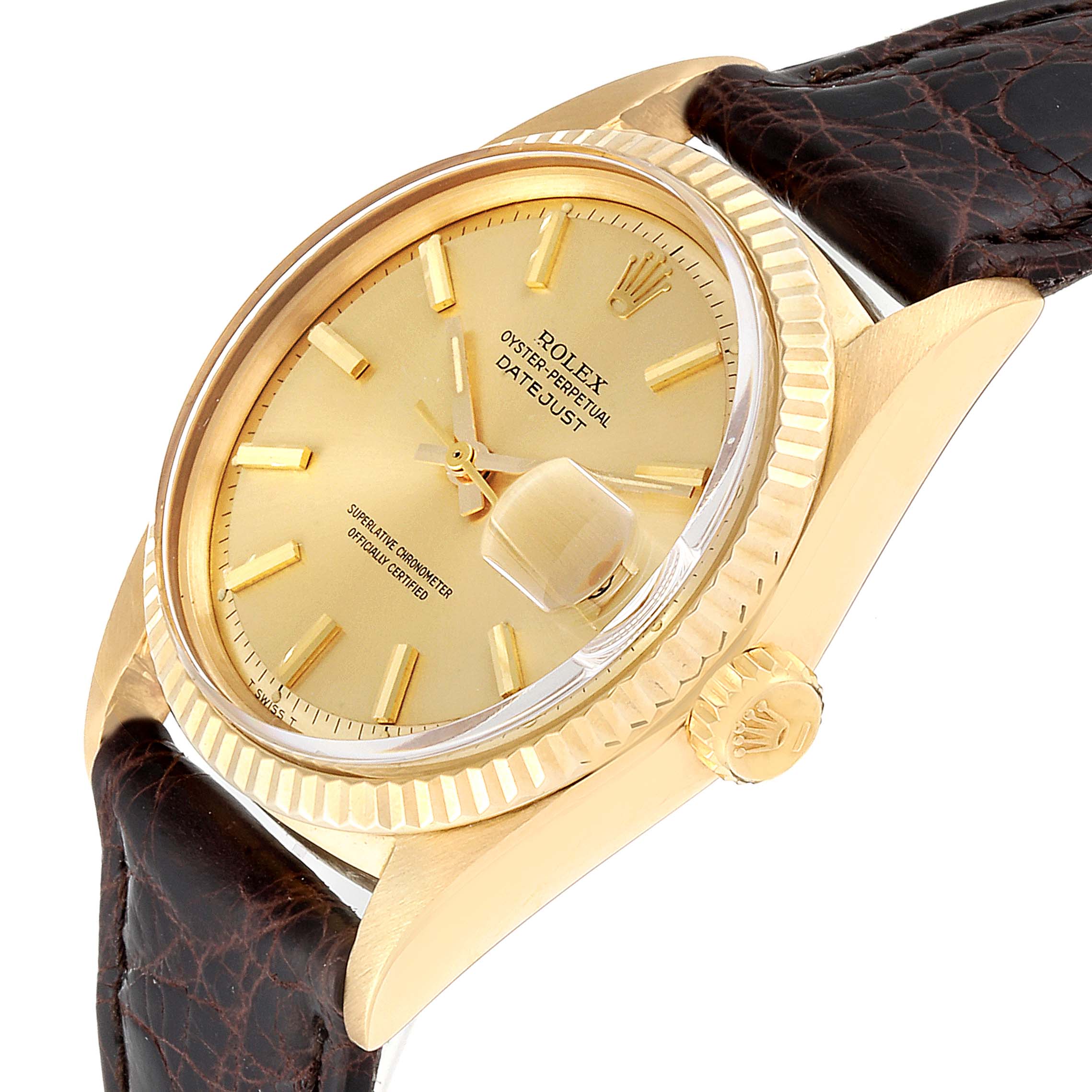 The image shows a Rolex Vintage Collection 1601 Men's Yellow Gold Champagne Dial 1601 Men's Yellow Gold Champagne Dial Datejust model watch angled to display the dial, crown, and leather strap.