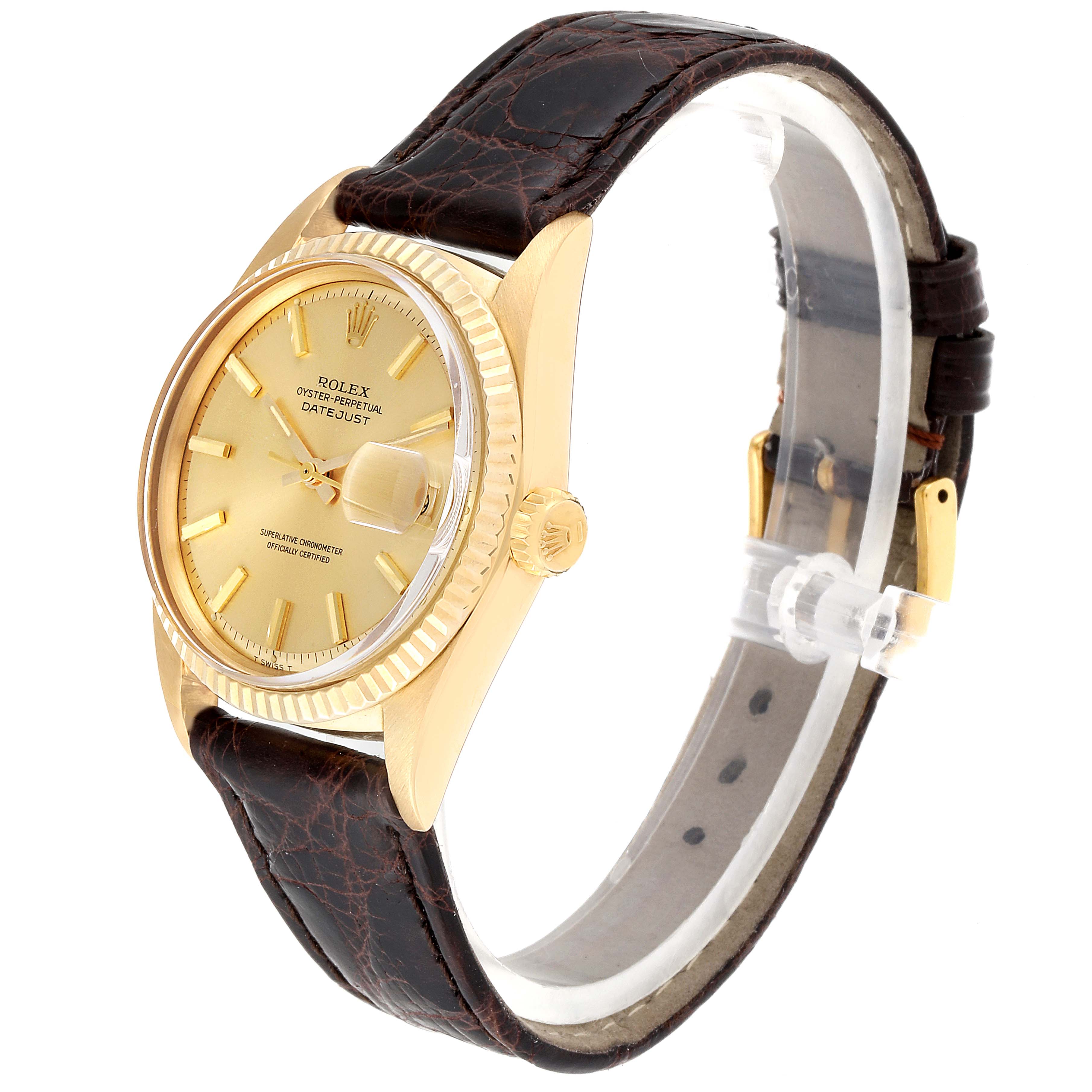 The image shows a side-angle view of a Rolex Vintage Collection 1601 Men's Yellow Gold Champagne Dial 1601 Men's Yellow Gold Champagne Dial Datejust, highlighting its gold case, dial, and dark leather strap.