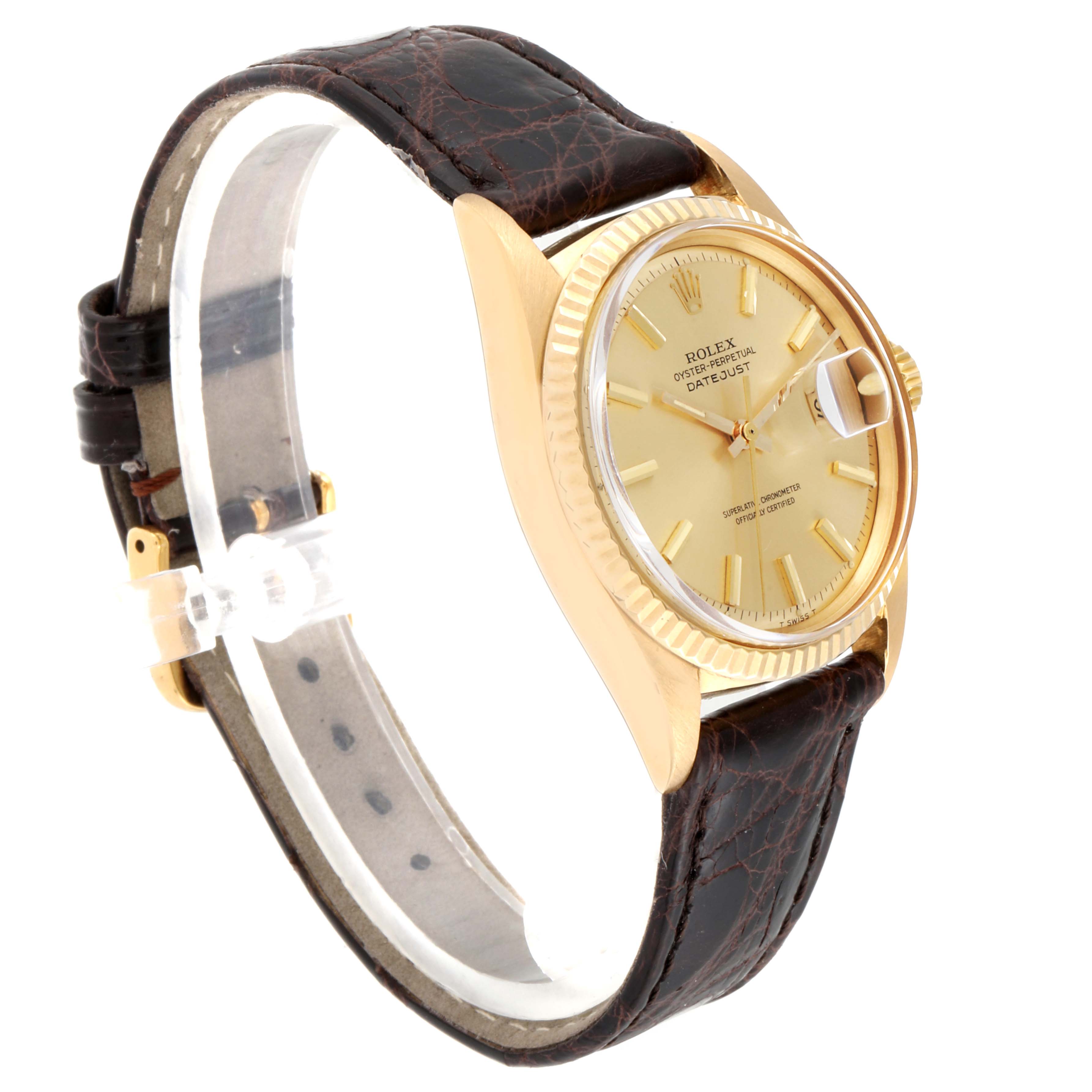 The image shows a side angle view of the Rolex Vintage Collection 1601 Men's Yellow Gold Champagne Dial 1601 Men's Yellow Gold Champagne Dial model, featuring its gold case and brown leather strap.