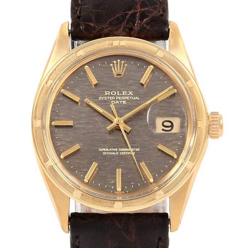 The image shows a front view of the Rolex Vintage Collection 1501 Men's Yellow Gold Brown Dial 1501 Men's Yellow Gold Brown Dial model, including the dial, bezel, crown, and leather strap.