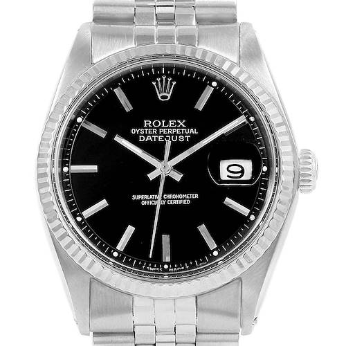 The Rolex Vintage Collection 1601 Men's Stainless Steel Black Dial 1601 Men's Stainless Steel Black Dial Datejust watch is shown from a front angle, displaying the dial, bezel, and bracelet.